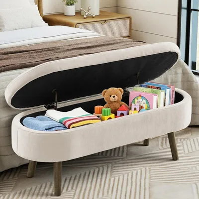 Produktbild von Weiche Chenille-Aufbewahrungsbank beige, Holzbeine & Massivholzrahmen, 20L Stauraum, 110x40x42 cm – für Schlafzimmer, Wohnzimmer & Flur (Schuhbank)