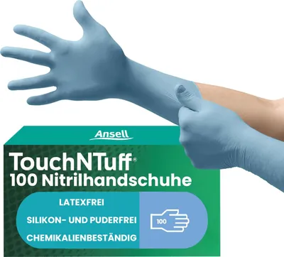 Image de Ansell TouchNTuff 92-665 Gants nitrile jetables non poudrés, gants de protection professionnels pour la chimie et la mécanique, gants jetables pour l'alimentation, sans latex, bleu, taille XL (100 gants)