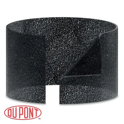A black filter material with a textured surface, shown in a cylindrical shape with a cut-out section.