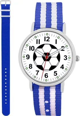 Produktbild von Pacific Time Fußball Armbanduhr Kinder Jungen Mädchen 2 Wechselarmbänder blau weiß + royalblau 86827