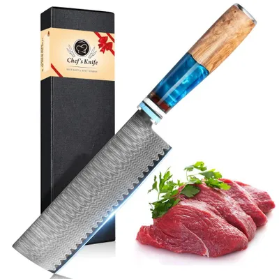 Zdjęcie produktu dla Nóż nakiri – nóż kuchenny 17 cm – stal damasceńska VG-10 – bardzo ostra klinga (>60° HRC) – rękojeść ze stali nierdzewnej – profesjonalny nóż do warzyw