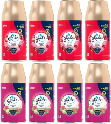 Produktbild von Glade Automatic Spray Nachfüller Mix 8 Stück je 269 ml, Relaxing Zen & Luscious Cherry & Peony, Lufterfrischer Nachfüllpack für Duftspender, Raumduft Set
