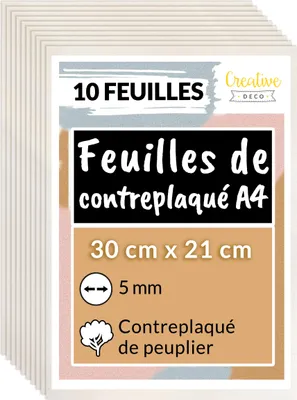 Image de Creative Deco 10 x A4 Contreplaqué 300 x 210 x 5mm (+/-0,5mm) Bois Brut Peuplier