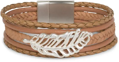 Produktbild von styleBREAKER Armband mit Feder Schmuck Element, Flechtoptik, geflochten, Magnetverschluss, Wickelarmband, Damen 05040106