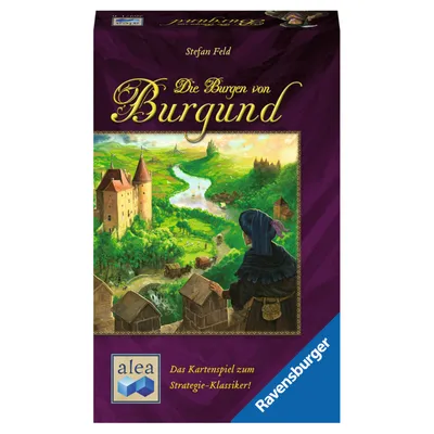 A board game box with a medieval landscape illustration.