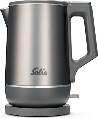 A studio shot of a kettle on its base.