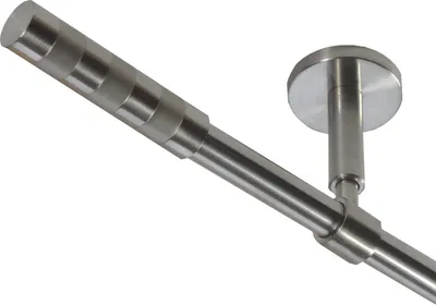A close-up view of a metal curtain rod with a ceiling mount.