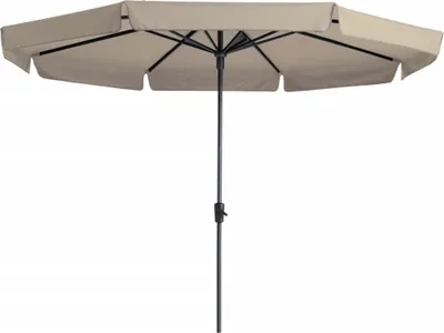 A beige outdoor umbrella with a black pole is shown against a white background.