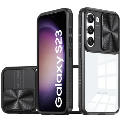 Obrázek produktu pro Galaxy S23 Pouzdro, Hybridní průhledné TPU bumper pouzdro s posuvným krytem kamery Samsung Galaxy S23 černé