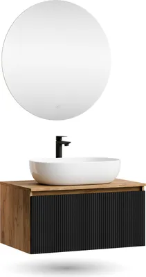 Produktbild von Planetmöbel ARISA Badmöbel Set Schwarz Geriffelt – Mit Nova LED Spiegel und weißem Keramik-Aufsatzwaschbecken 60 cm