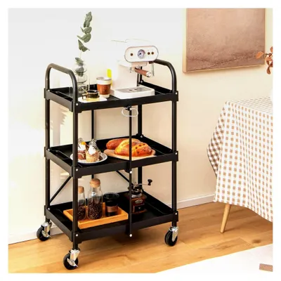 Produktbild von Klappbarer Servierwagen, Küchenwagen mit 4 Rollen, 3 Etagen, Allzweckwagen für Küche und Büro, stabiler Beistellwagen aus Metall, Schwarz