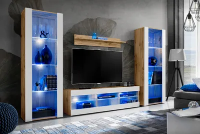 Produktbild von Komodee | Wohnwand Wohnzimmerset Tivoli Grande, Korpus Wotan Matt Frontfarbe Weiß Matt, LED Blau