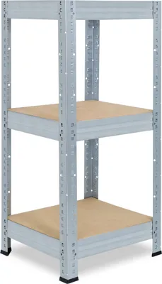 A three-tier metal shelving unit with wooden shelves, shown against a white background.