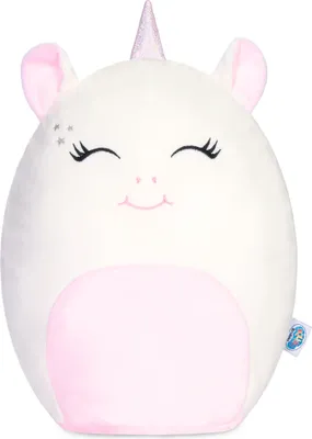 A white and pink unicorn plush toy is shown against a white background.