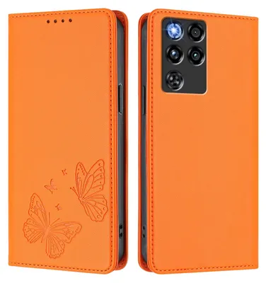 Produktbild von Lederhülle für ZTE nubia RedMagic 11 Pro, Schmetterling Prägung Leder Brieftasche Schutzhülle mit Ständer Orange
