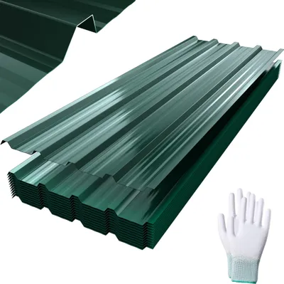A stack of green corrugated metal roofing sheets with a pair of white gloves on the right.