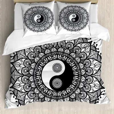 Produktbild von ABAKUHAUS Ying Yang Bettbezug, Bohemian Mendi Kunst, Milbensicher Allergiker geeignet mit Kissenbezügen, 155 cm x 220 cm - 80 x 80 cm, Charcoal Grau Weiß