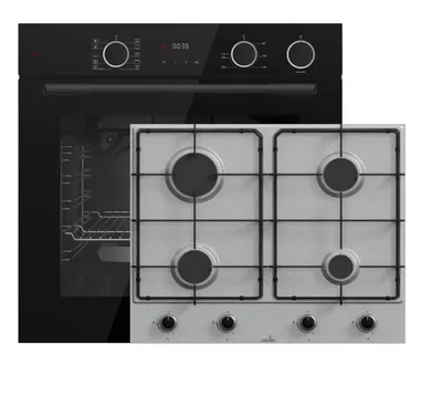 Produktbild von Böhme Einbaubackofen HB60F78DL Schwarz Glas mit Heißluft AirFry sowie Dampfunterstützung Backofen + Gasline Gaskochfeld 60cm Edelstahl mit 4 Brennern