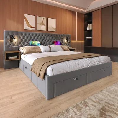 Image de MODFU Chambre Complète Lit Double 180x200 cm - Lit en Velours Gris avec Tête de Lit, Chevets, 2 Tiroirs et Lampes LED - Matelas Inclus
