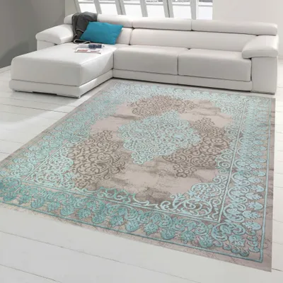 Produktbild von Wohnzimmerteppich mit Ornamenten Teppich Vintage in Türkis Grau Größe - 200 x 290 cm
