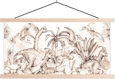 Produktbild von MuchoWow® Textilposter Dino - Kinder - Dschungel - Pflanzen - Kinder 60x30 cm mit holzfarbenen Rahmen - Dekoration