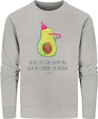 Produktbild von Mr. & Mrs. Panda Baumwoll Pullover Avocado Feier Größe M - Heather Grey - Geschenk, Feierlichkeit, Pulli, Sweater, Gute Laune, Geburtstag, Sweatshirt, Party, Tröte
