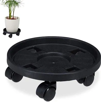 Produktbild von Kunststoff-Terrakottensatz mit 2 Rädern Ø 30 cm niedriger Blumentrögen für Wohn- und Außenraum, kompakt, schwarz.