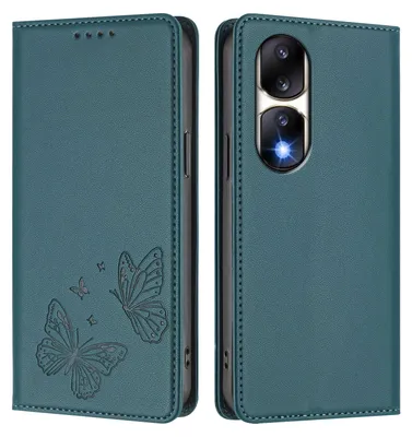 Obrázek produktu pro Kožené pouzdro pro Honor 90 Pro, motýlí ražbou, peněženkové flip pouzdro se stojánkem Zelená