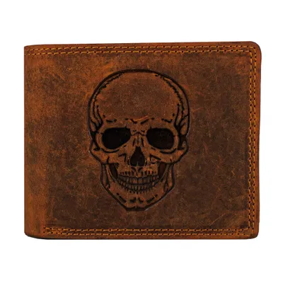 Produktbild von Stilvolles Büffelleder Portemonnaie Geldbörse mit RFID-Schutz und geprägtem Totenkopf-Motiv in Hunter Braun Echtleder