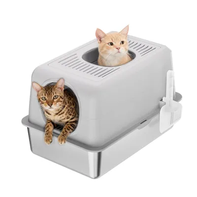 Image de Bac à litière en acier inoxydable avec couvercle, parois hautes, deux entrées, étanche, facile à nettoyer, pelle incluse, gris
