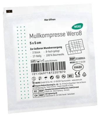 Produktbild von Mullkompresse Wero8, 5 x 5 cm, steril, 2 Stk