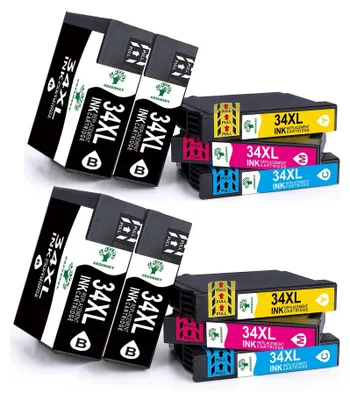 A collage of ink cartridges and their packaging.
