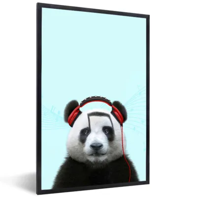 Produktbild von MuchoWow® Gerahmtes Poster Panda - Kopfhörer - Tier - Musiknoten - Rot 40x60 cm - Poster mit Schwarzem Bilderrahmen Wandposter Rahmen Foto Bilder - Papierdruck - Wandbilder