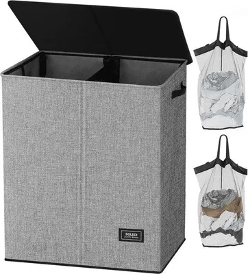Produktbild von Famanu Wäschekorb 145L - 2 Fächer mit Deckel und 2 Wäschesäcken, Grau