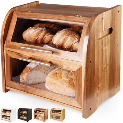 Brotbox aus Akazienholz mit Belüftung, 40x26x37 cm, 2 Böden