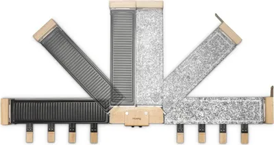 A top-down view of a raclette grill with multiple cooking surfaces and eight small pans.