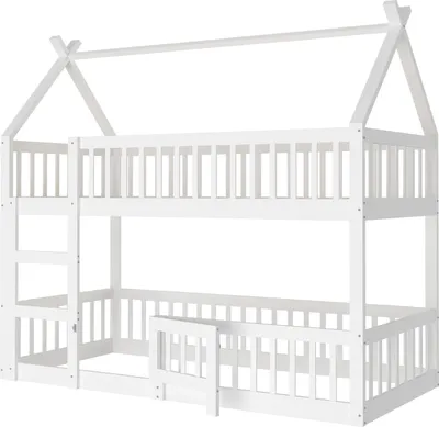 Produktbild von MODFU Etagenbett Kinderbett 90x200cm mit Treppe, Hochbett mit Rausfallschutz, Massivholzbett Stockbett mit Lattenrost(Unterbett ohne Lattenrost), Hausbett Jugendbett Bettgestell, Weiß