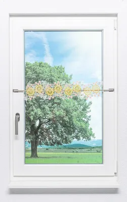 Produktbild von Scheibengardine Plauener Spitze - Blumenbordüre #1W (BxH) 42cm x 14cm gelb-rosa