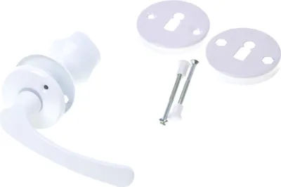 A white door handle set with two rosettes and screws on a white background.
