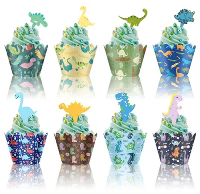 48 Dino Cupcake Topper & Wrapper, Dinosaurier Party Deko