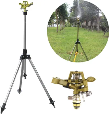 A sprinkler on a tripod stand, with a close-up of the sprinkler head and a circular inset showing the sprinkler in use in a garden.