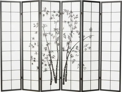 Image de 6 pan Paravent japonais bois en noir dessin bambou