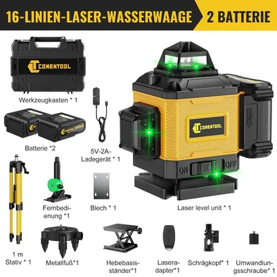Produktbild von Kreuzlinienlaser 16 Linien selbstnivellierend 360° Laserwaage Grün mit Stativ und Fernbedienung staubdicht wasserdicht für Renovierung Mit Stativ+Kunststoffkoffer
