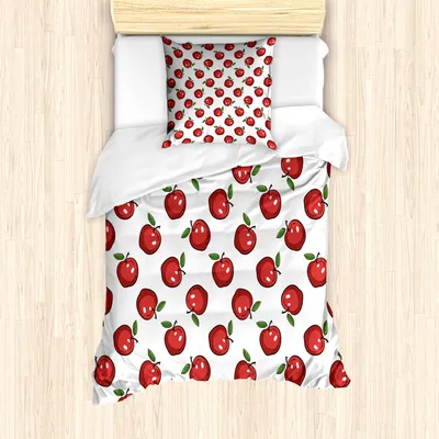 Produktbild von ABAKUHAUS Apfel Mantele, Cartoon Bio-Obst, Milbensicher Allergiker geeignet mit Kissenbezügen, 135 cm x 200 cm - 80 x 80 cm, Dunkler Coral Grün Weiß