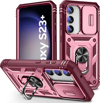 Produktbild von Galaxy S23+ Hülle, Schiebe Kamera Schutz Robust Rüstung Schutzhülle mit Ringhalterung Ständer Kartenhalter für Samsung Galaxy S23+ Rosa
