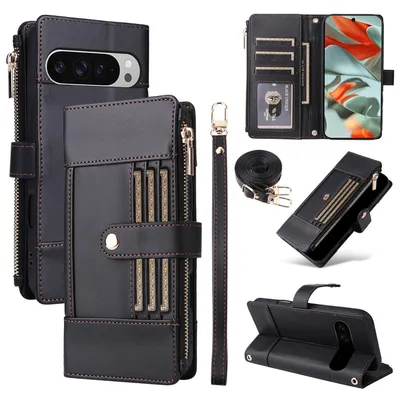 Obrázek produktu pro Pro Google Pixel 10 Pro XL Crossbody kožená taška se zipem a ochranou RFID Black