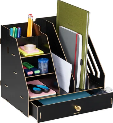 Immagine prodotto di Organizer da scrivania Relaxdays, 3 scomparti, 3 ripiani, 2 portamatite, 1 cassetto, Ufficio e scuola, fai da te, MDF, nero