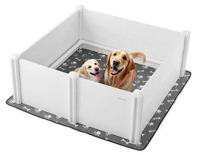 Produktbild von VEVOR Wurfbox für Hunde, 48 x 48 x 18,1 Zoll, Kunststoff PVC Welpen-Spielbereich mit höhenverstellbarer Tür und waschbarem Urinpad, anti-deformierbarer Indoor-Welpen-Spielbereich für große Hunderassen, Milchweiß, 122x122x46 cm