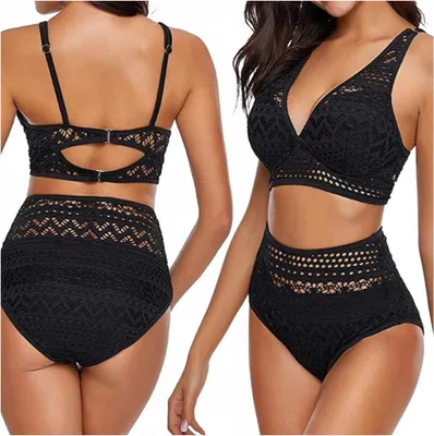 Produktbild von Strój kąpielowy bikini wysoki stan czarny ażurowy koronka kostium bikini s