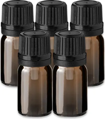 Produktbild von 5x Glasflasche braun 5 ml mit schwarzem Tropfeinsatz Tropfflasche leer